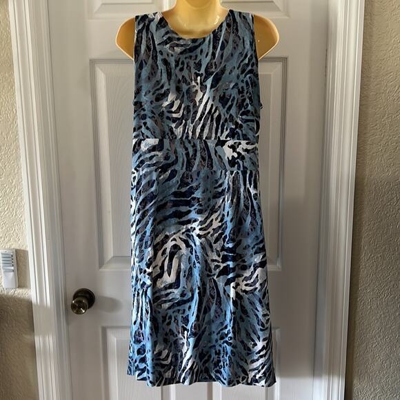 Clara S Blue Animal Print Knit Dress Woman Size Medium Sleeveless Waterfall Neck - Picture 3 of 10